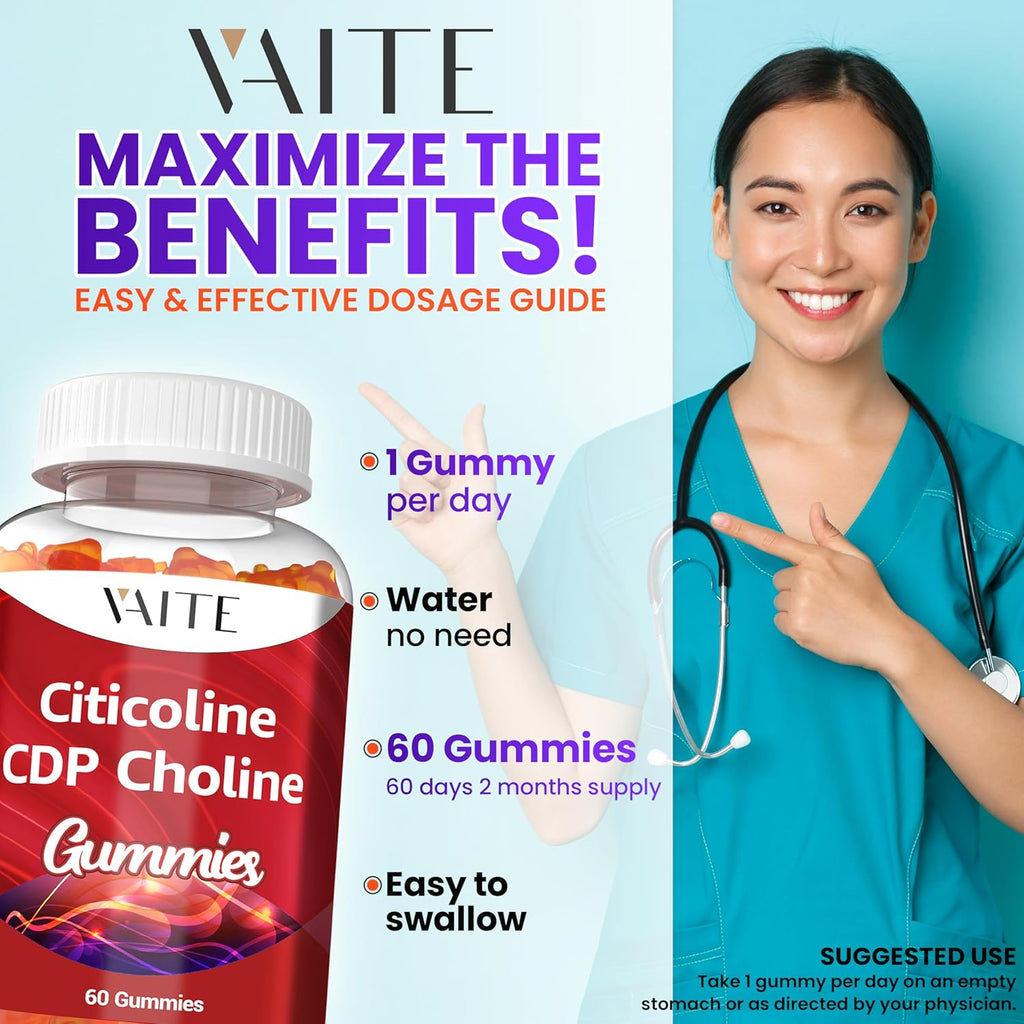 Citicoline 1000mg Supplements – CDP Choline for Brain Support, Memory, Focus & Mental Performance – Helps Maintain Clarity & Concentration – for Adults – Non-GMO, Vegan, 60 Gummies