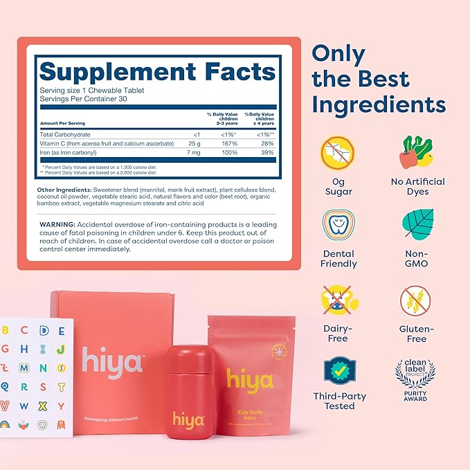 Hiya Iron+ Supplements for Kids - High Absorption Kids Iron Supplement - Delicious Strawberry Flavor & Easy on Children's Stomach - No Added Sugar & Third Party Tested
