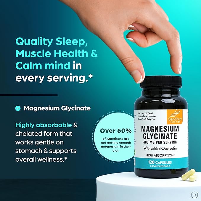 Magnesium Glycinate 400mg High Absorption Capsules with Quercetin | Quality Sleep, Relaxation & Muscle Health Supplement for Women and Men | Chelated Magnesium 120 Count (Pack of 3) | Easy to Swallow