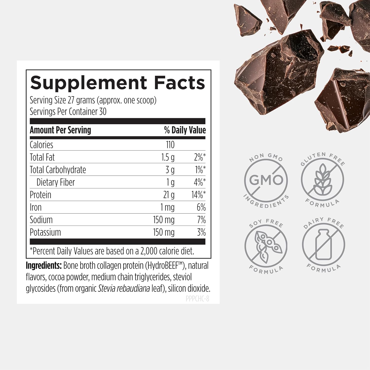 Designs for Health Bone Broth Protein Powder – 21g Grass-Fed, Collagen-Rich Beef Protein Isolate - Chocolate, Paleo, Non-GMO, Dairy-Free (30 Servings / 810g)