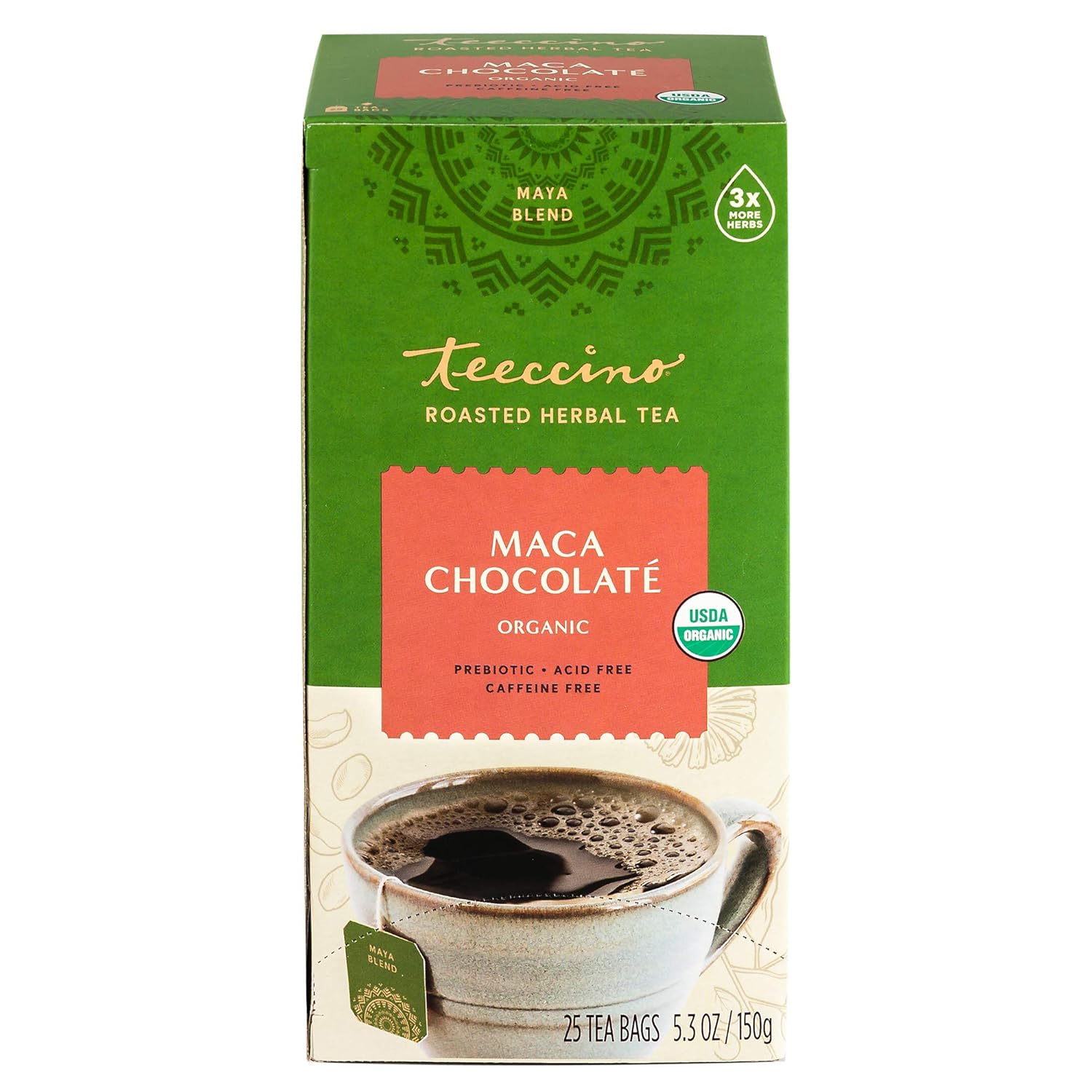 Teeccino Maca Chocolaté Herbal Tea - Adaptogenic Peruvian Maca, Cacao, Chicory, Prebiotic, Caffeine Free, Acid Free, Coffee Alternative, 25 Tea Bags (25 Count (3 Pack))