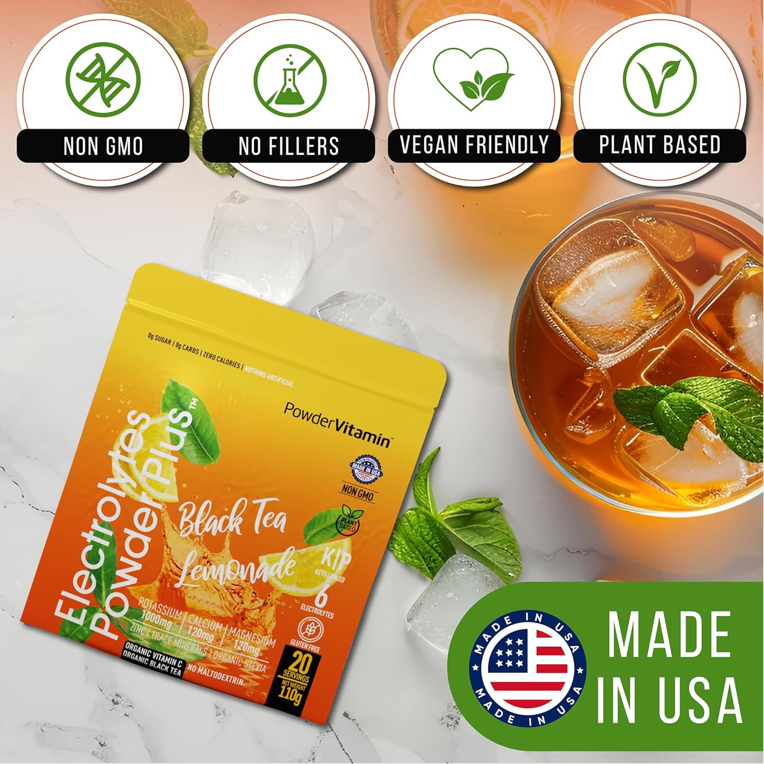 PowderVitamin Electrolytes Powder Plus (20 Servings) Black Tea Lemonade Electrolyte Powder Keto, Sugar Free, Pink Himalayan Salt,1000mg Potassium,120mg Calcium,120mg Magnesium, Hydration Powder