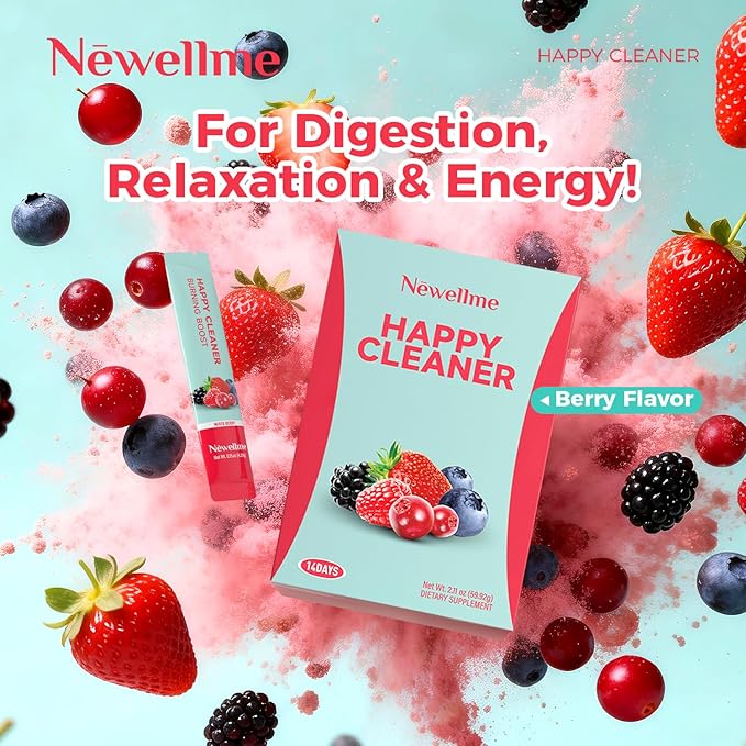 NEWELLME Happy Cleaner Digestive Supplement Powder, Gut Health Drink Mix with Probiotics, Digestive Enzymes & Fiber, Supports Digestion and Bloating, Berry Flavor, 14 Sachets