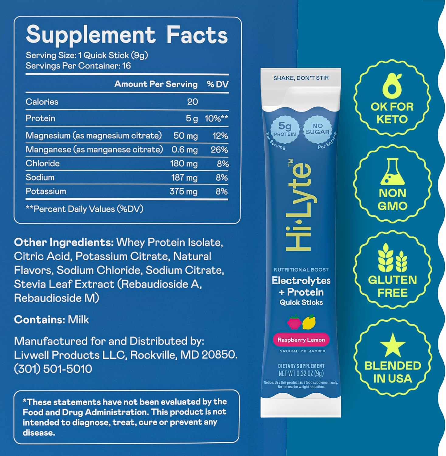 Hi-Lyte Electrolytes + Protein Quick Sticks Raspberry Lemon, 16 Servings