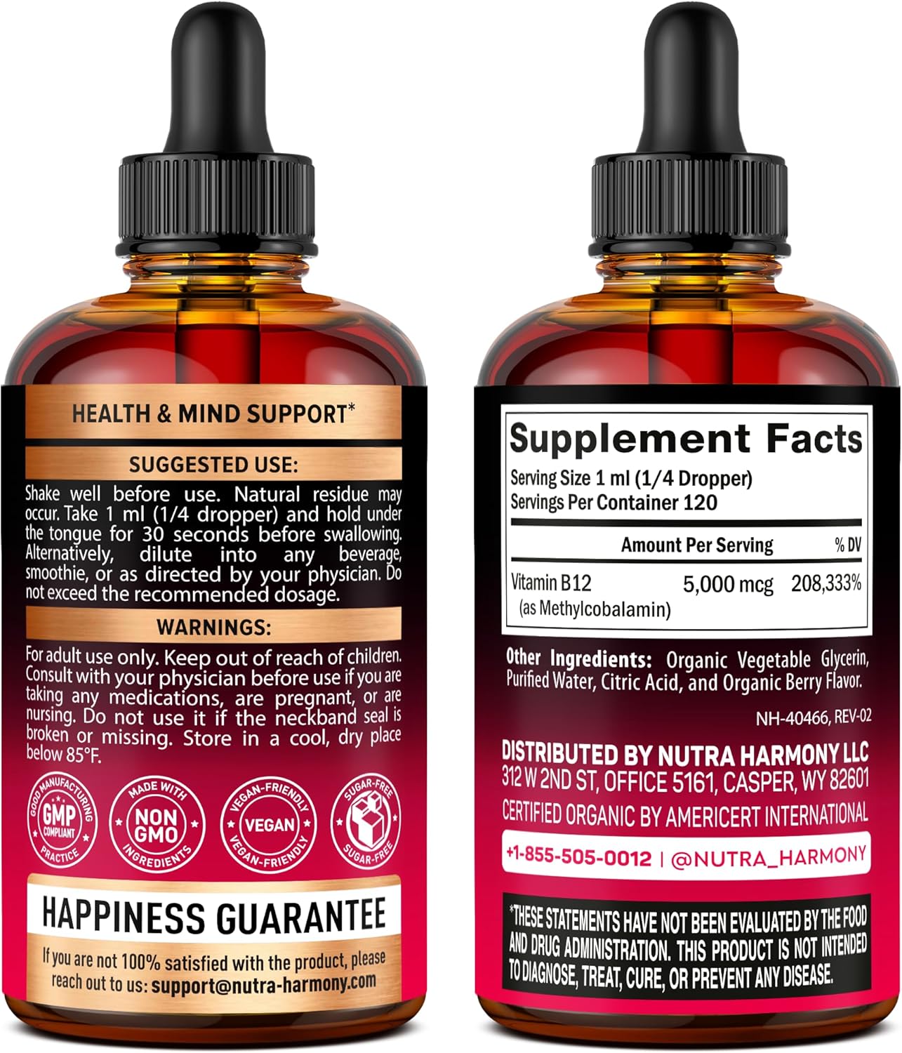USDA Organic Vitamin B12 Sublingual Drops - 5000 mcg Liquid Vegan Methylcobalamin for Women & Men - Energy Boost, Focus & Mood, Brain Health Support - Maximize Absorption - 4 Month Supply, 4 fl oz