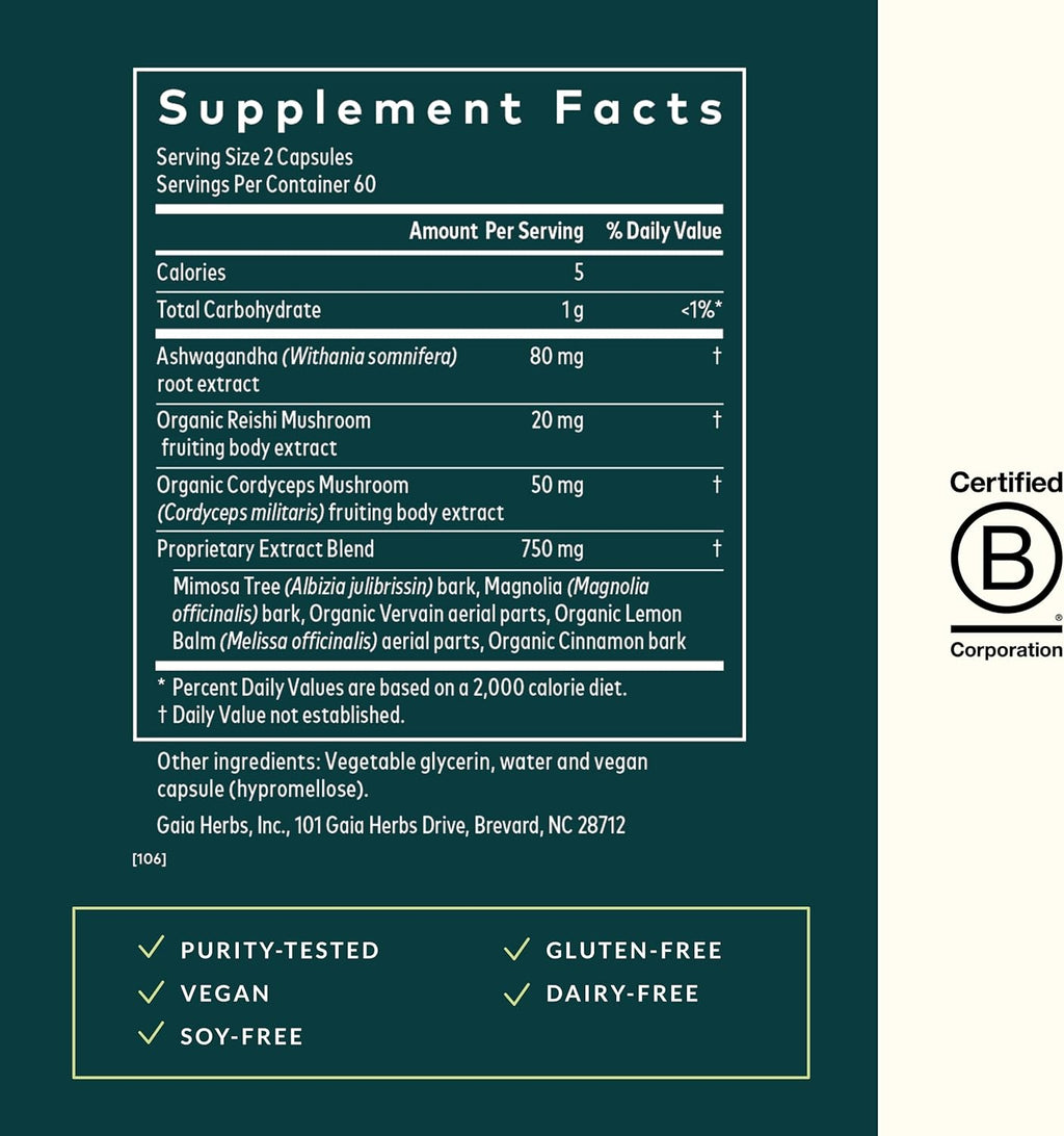 Gaia Herbs Adrenal Health Nightly Restore - Herbal Supplement with Ashwagandha, Magnolia Bark, Cordyceps, Lemon Balm & More - 120 Vegan Liquid Phyto-Capsules (60 Servings)