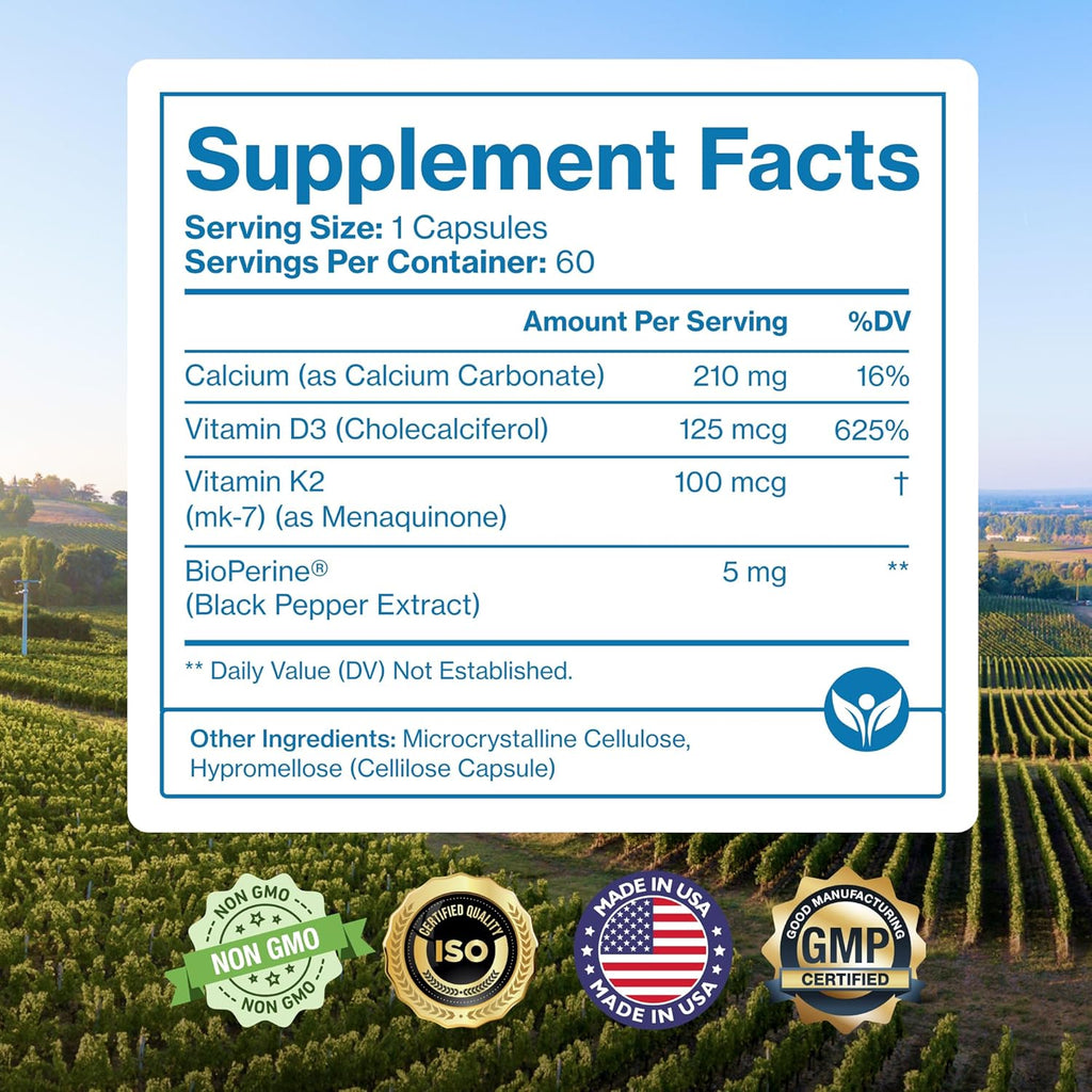 Pure Micronutrients Vitamin D3 K2 Supplement | MK7 100mcg, D3 5000 iu, Calcium + BioPerine | Muscle & Bone Health, Heart, Immunity & Energy Support | Vegan | 60 Capsules
