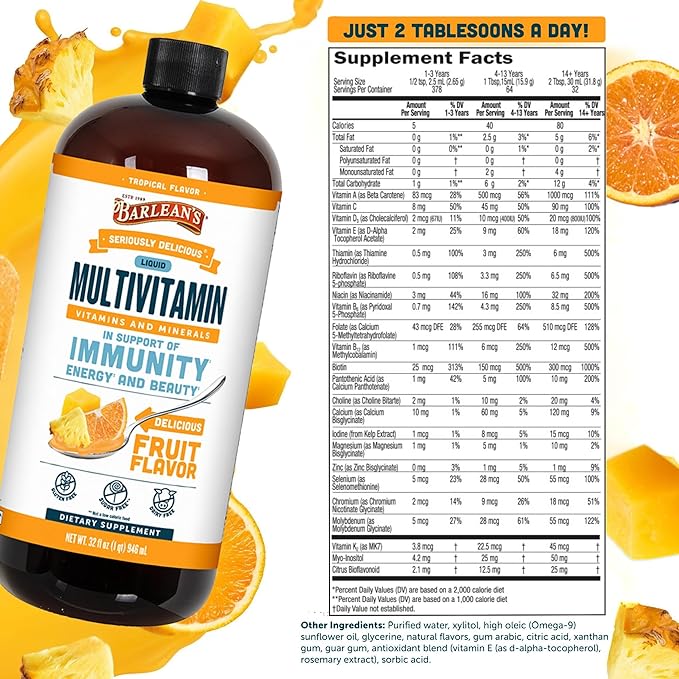 Barlean's Liquid Multivitamin for Women, Men & Kids, 21 Essential Vitamins & Minerals, Includes Biotin, B-Complex, Vitamins C, D3 & K2, Smoothie-Like Daily Supplement, Tropical Flavor, 32 fl oz