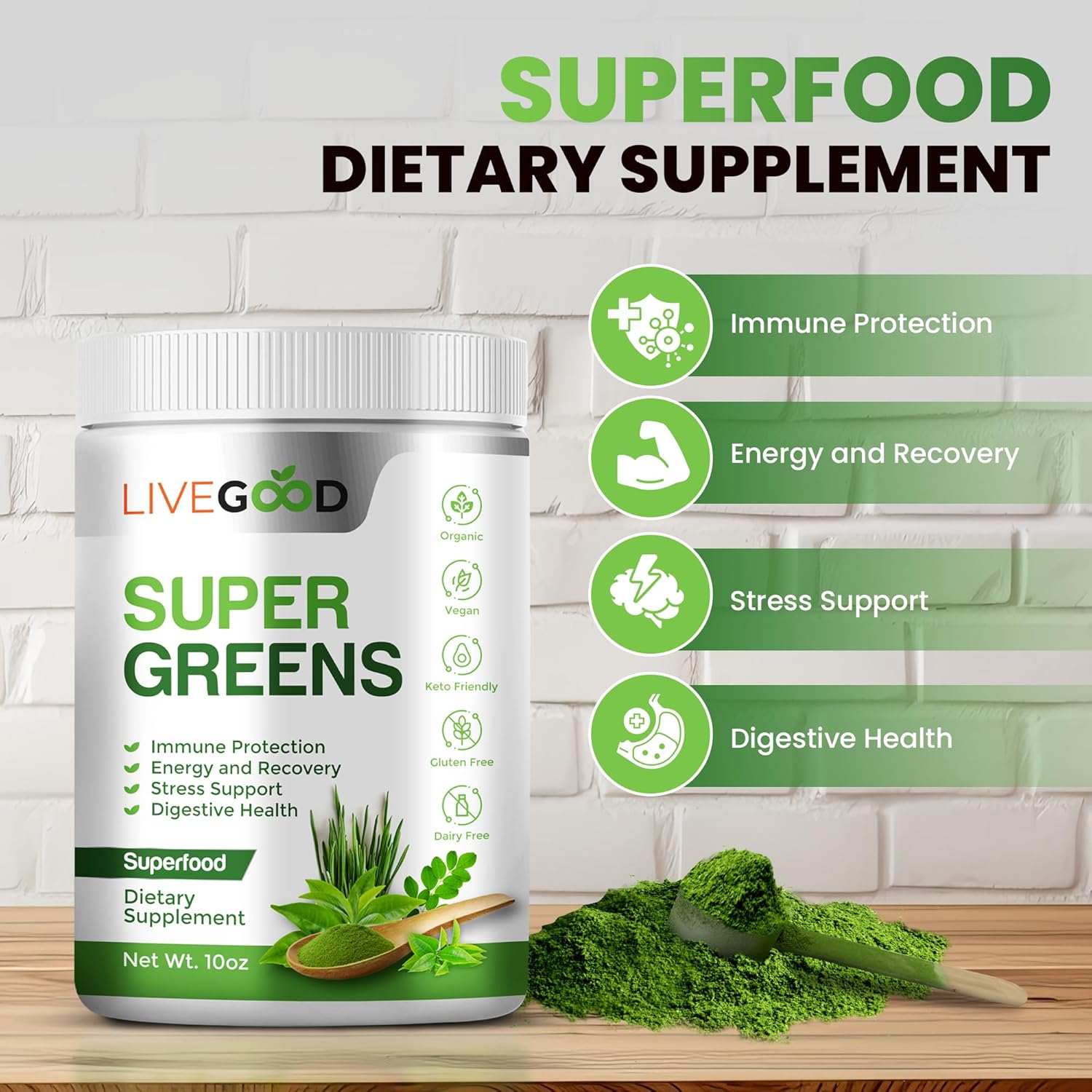 LIVEGOOD™ Organic Super Greens with Wheat, Barley, Oat Grass, Matcha Green Tea, Aloe Vera, Vegan, Gluten Free, 7.2 oz.