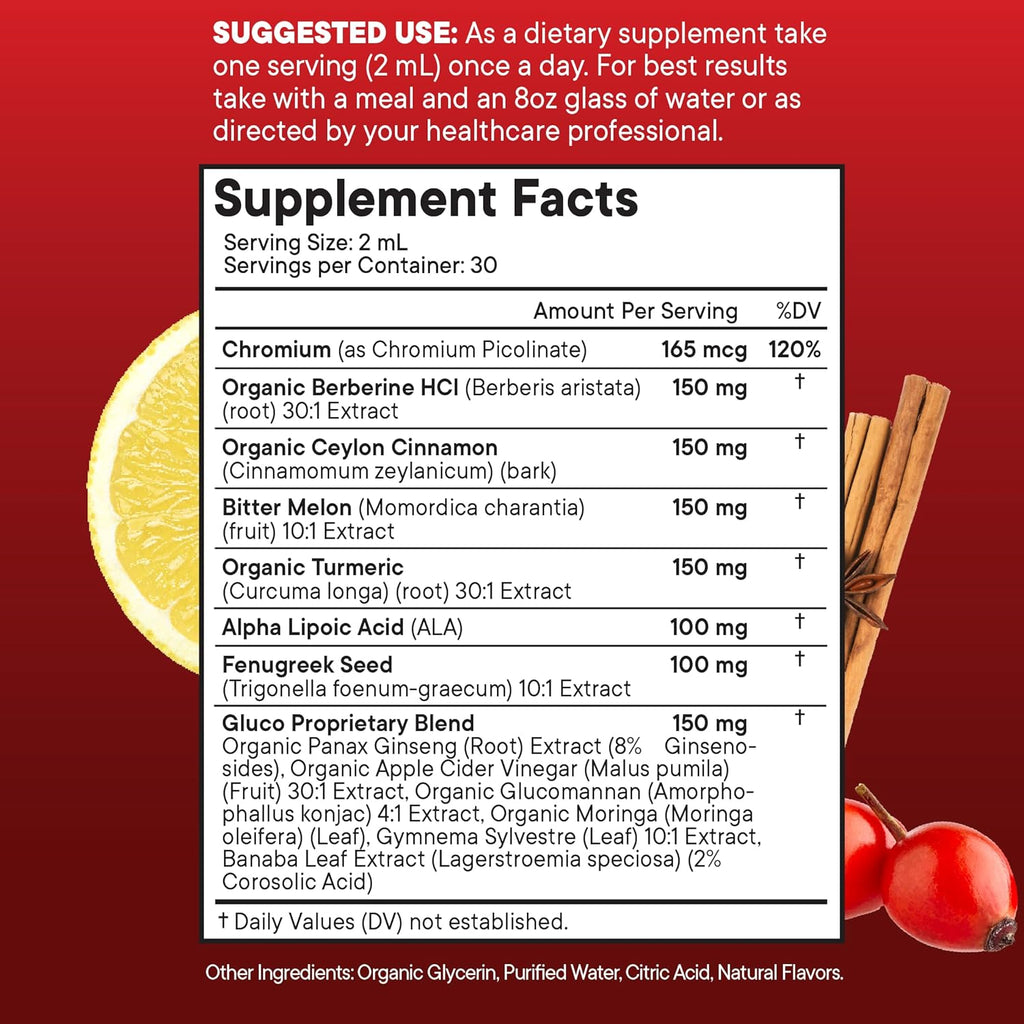 Berberine with Ceylon Cinnamon Supplement Liquid Drops + Bitter Melon Extract, Glucomannan, Gymnema, Chromium, Turmeric, Panax Ginseng, Moringa - 2 OZ