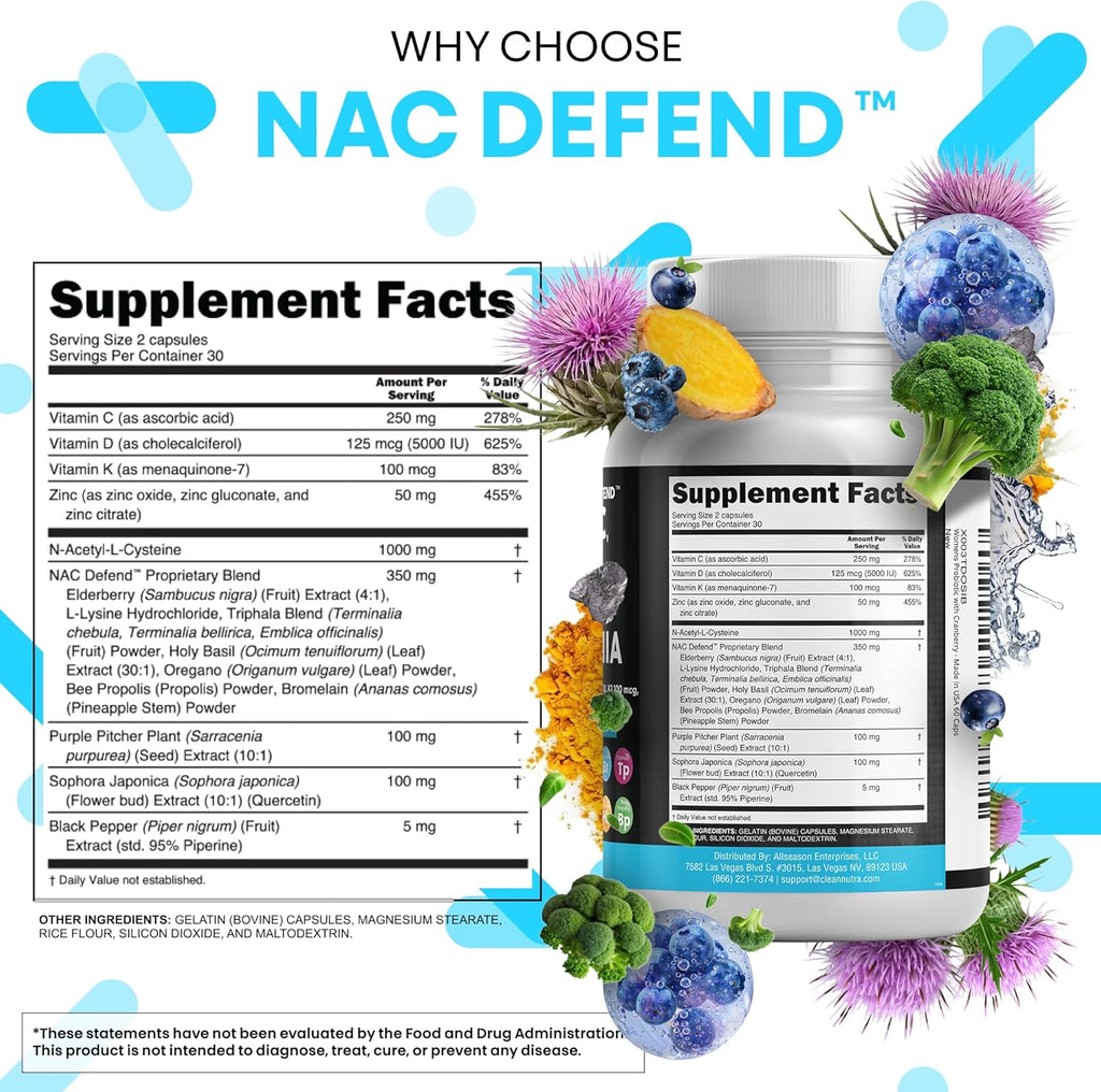 Clean Nutraceuticals NAC Supplement N-Acetyl Cysteine Vitamin D3 K2 Zinc Quercetin Sarracenia Purpurea with Elderberry Holy Basil Bee Propolis Bromelain L-Lysine (2)