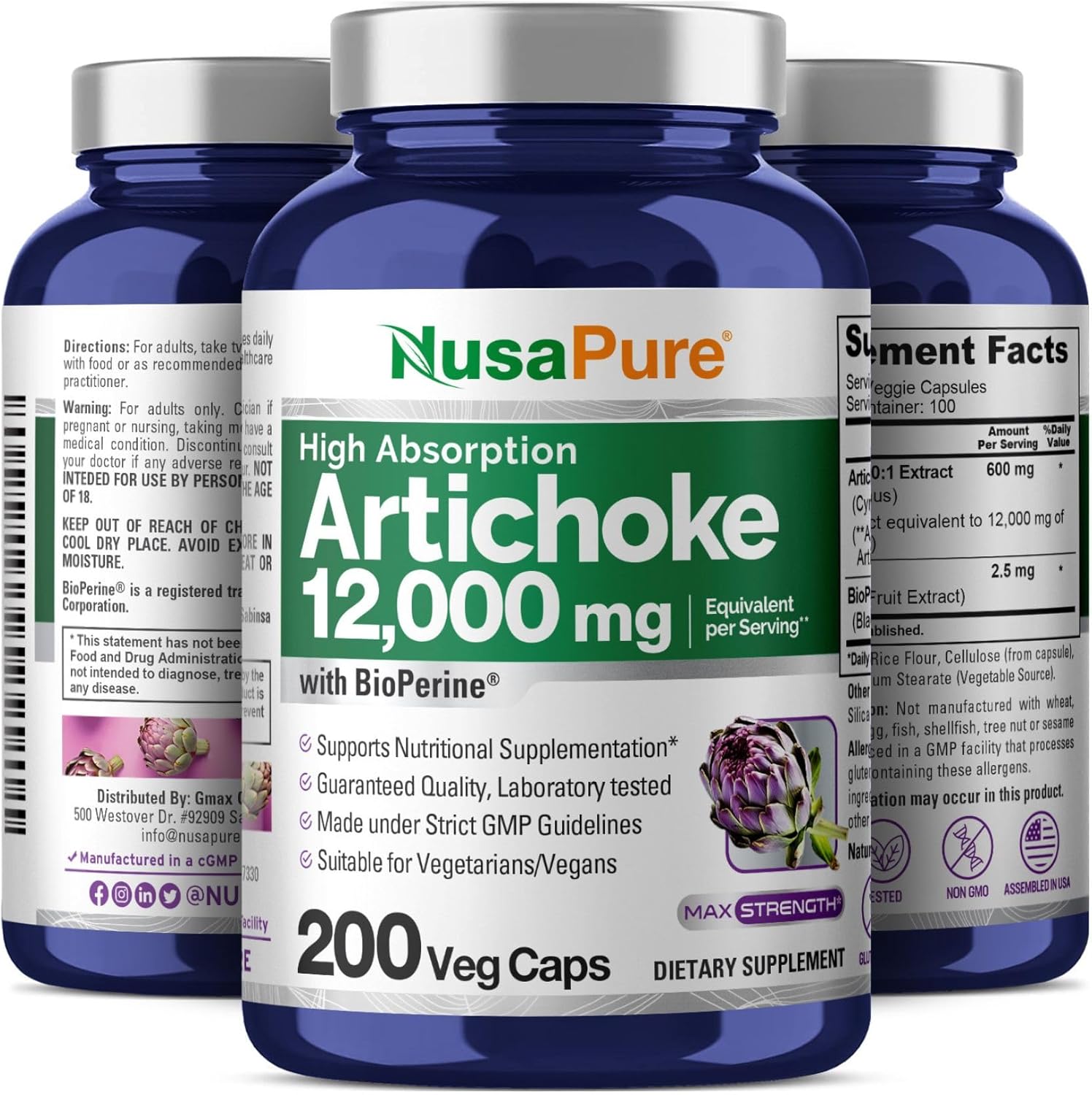 NusaPure Artichoke 20:1 Extract, 600 mg Equivalent to 12,000mg 200 Veggie caps (Non-GMO, Gluten Free)