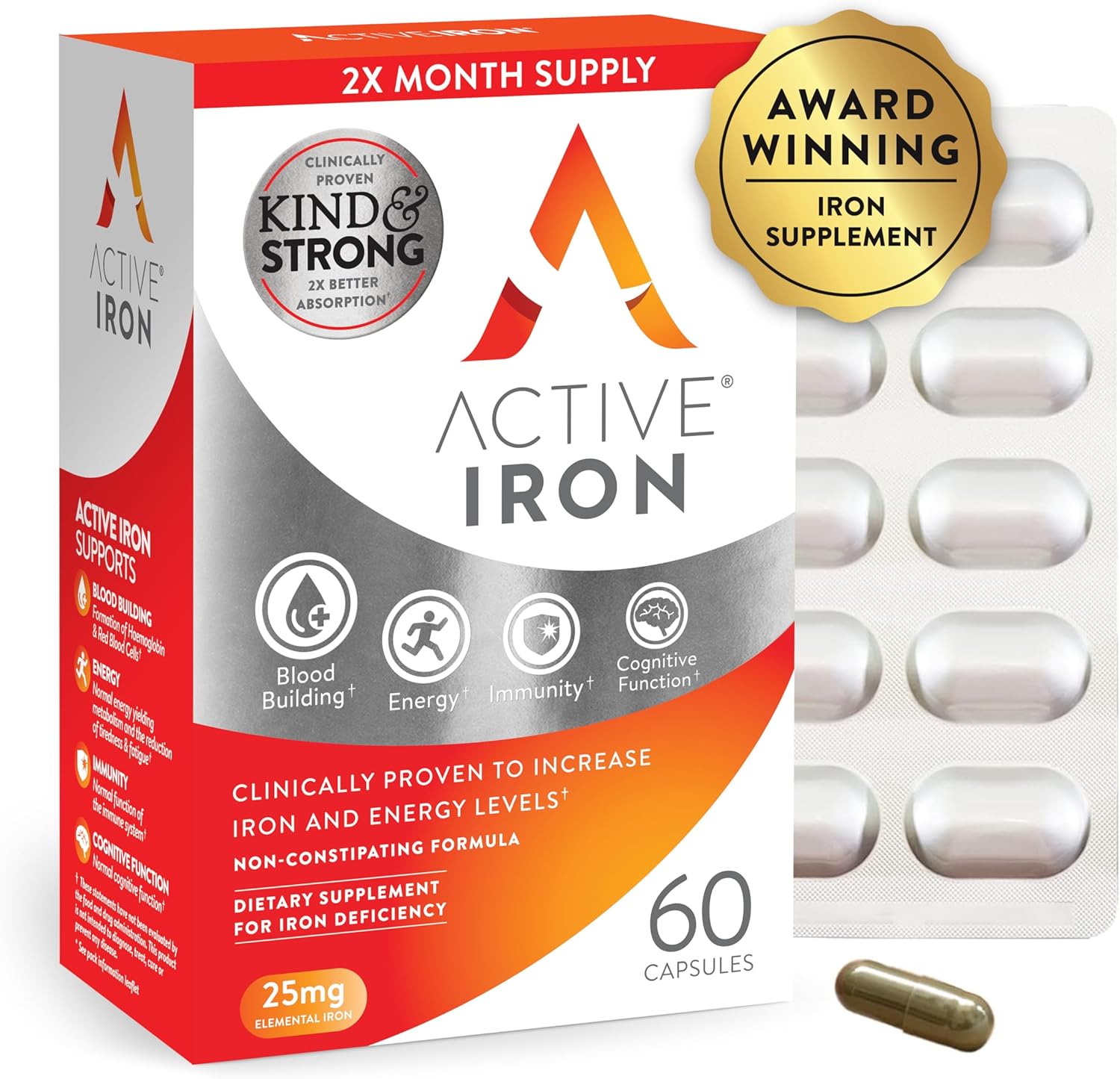 Active Iron Supplement 25mg – Clinically Proven to Increase Iron & Energy Levels – Gentle, Non-Constipating, Highly Absorbed – 60 Capsules