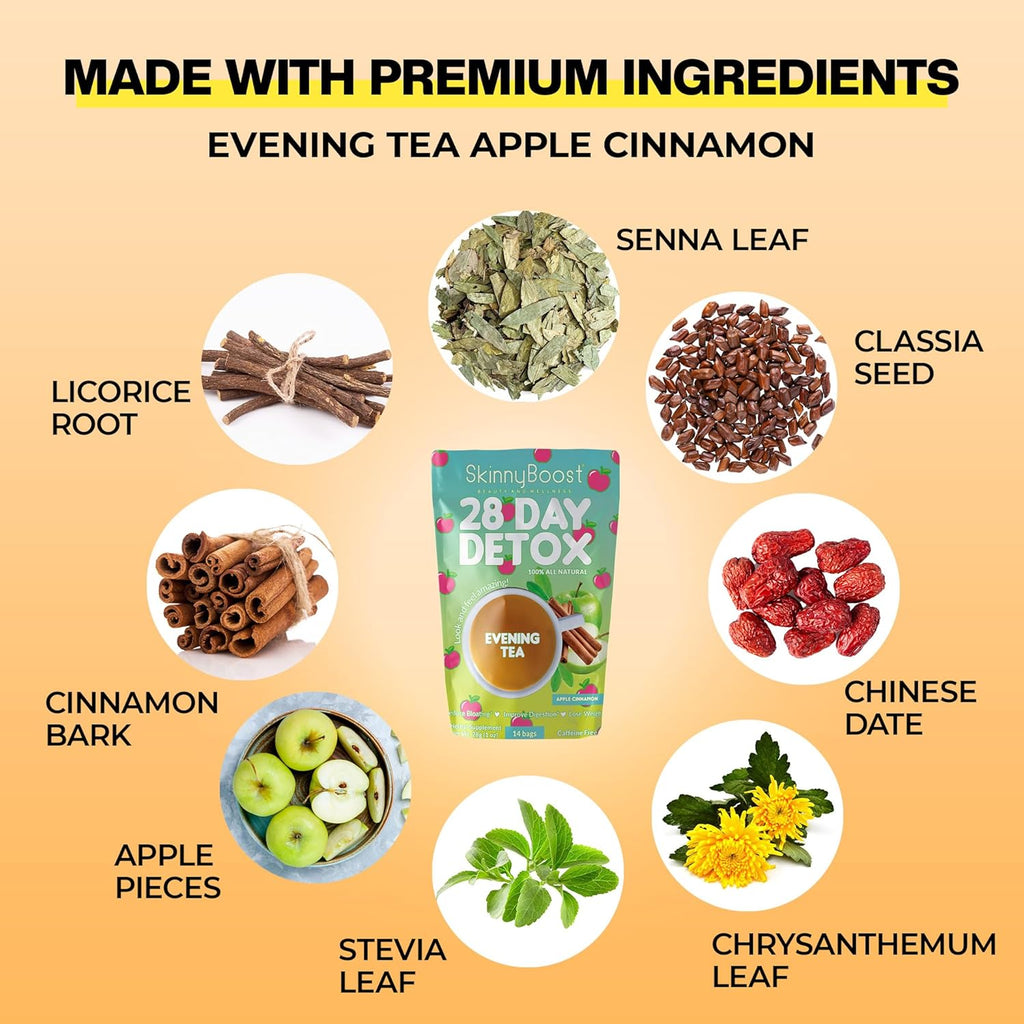 Skinny Boost Evening Detox Tea-APPLE CINNAMON -14 Tea Bags Total, Supports Detox and Cleanse, Reduce Bloating, 100% All Natural, Vegan, Non GMO
