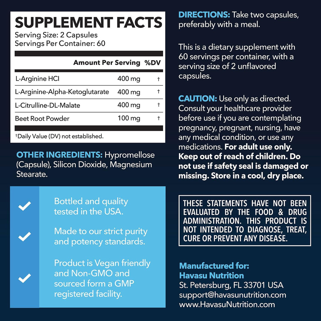 L-Arginine Capsules with L-Citrulline - Nitric Oxide Supplement - L Arginine and L Citrulline Blend - 120 Count - Vegan, Non-GMO Capsules for Performance, Endurance and Muscle Support - 2 Month Supply
