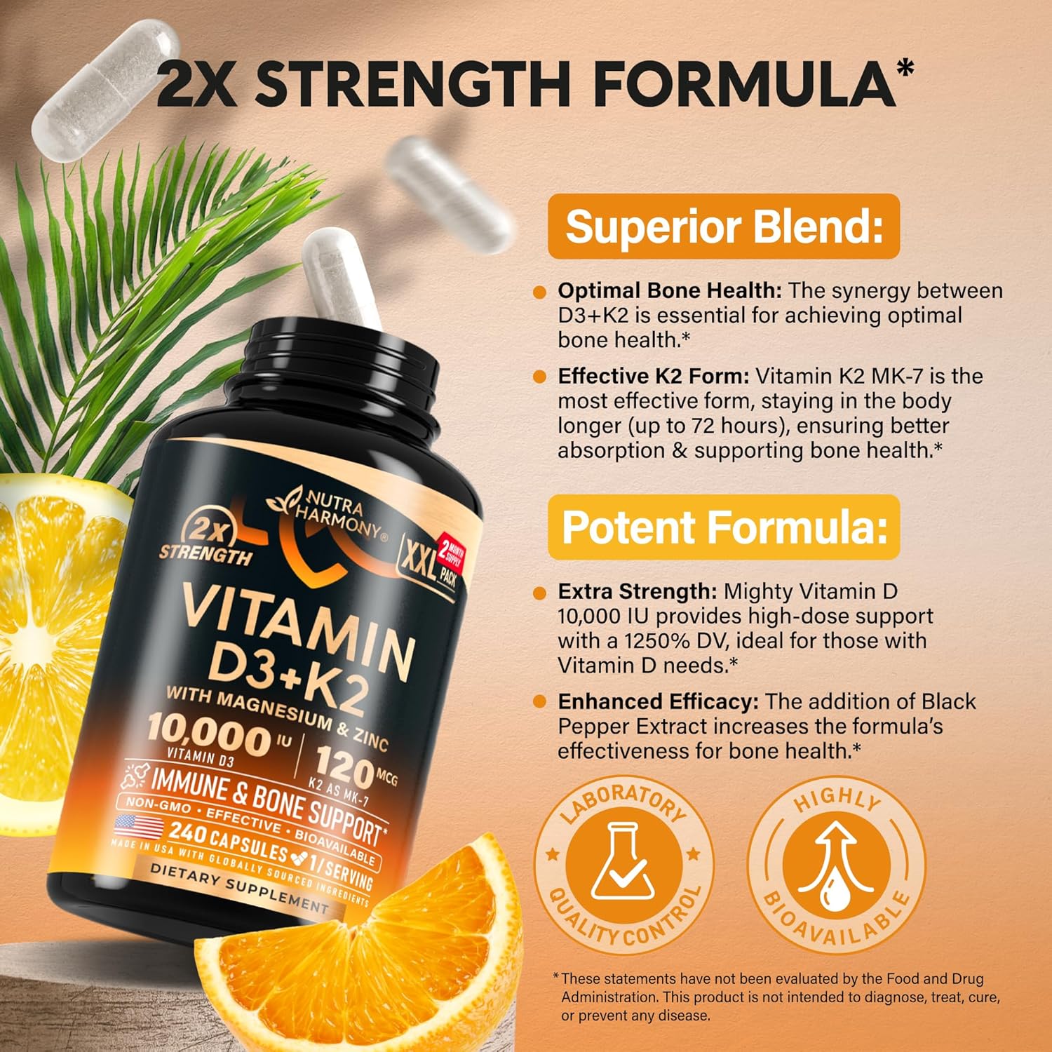Vitamin D3 K2 - Vitamin D3 10000 iu & K2 as MK-7 120 mcg - Immune & Mood Support, for Bone & Teeth Health - with Magnesium, Zinc & Vitamin C & B12 - Highly Bioavailable - Made in USA, 240 Capsules