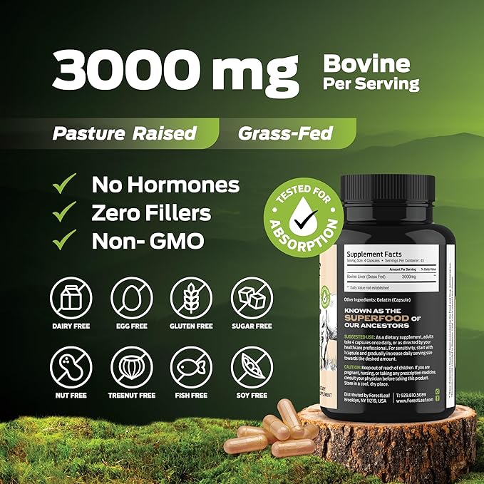 ForestLeaf Grass Fed Beef Liver Capsules, 3000mg Per Serving, Supports Immunity & Body Wellness, Cleansing, Digestion, Natural Iron, Vitamin A and B12, Freeze Dried Beef Liver Supplement, 180 Caps