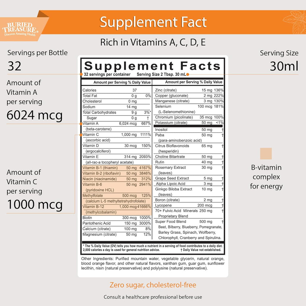 Buried Treasure VM100 Daily Multi - 32 Servings, Liquid Vitamins Minerals Supplement with Dose Cup