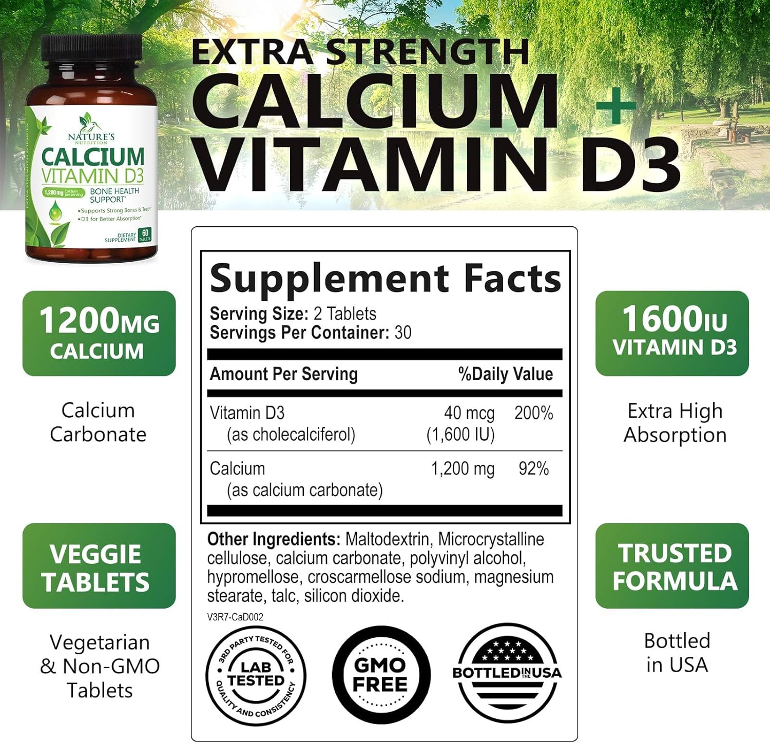 Calcium Supplement with Vitamin D - 1200 mg Calcium Carbonate with 1600 IU of D3 Vitamins - Supports Bone Strength, Teeth & Immune System - Natural & Easily Absorbable for Women & Men - 60 Tablets