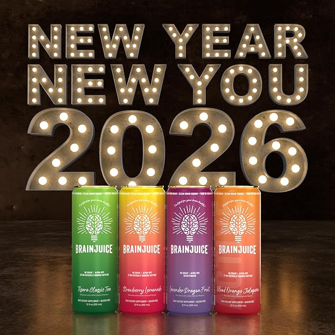 Brainjuice Brain Health Support Drink for Energy & Focus, Vitamin C, B5, B6 & B12, L Theanine, Alpha GPC, CoQ10 & Green Tea Caffeine, Gluten Free, Vegan, Blood Orange Jalapeno, 12 Oz Can, 6 Pack