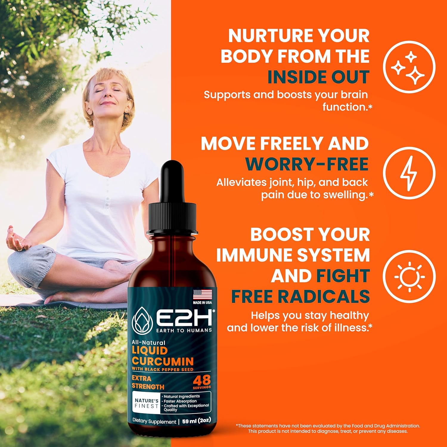 E2H Turmeric Curcumin Drops with Black Pepper - Boost Your Health - Joint Support Supplement - Vegan - Non-GMO - (2 Bottles)