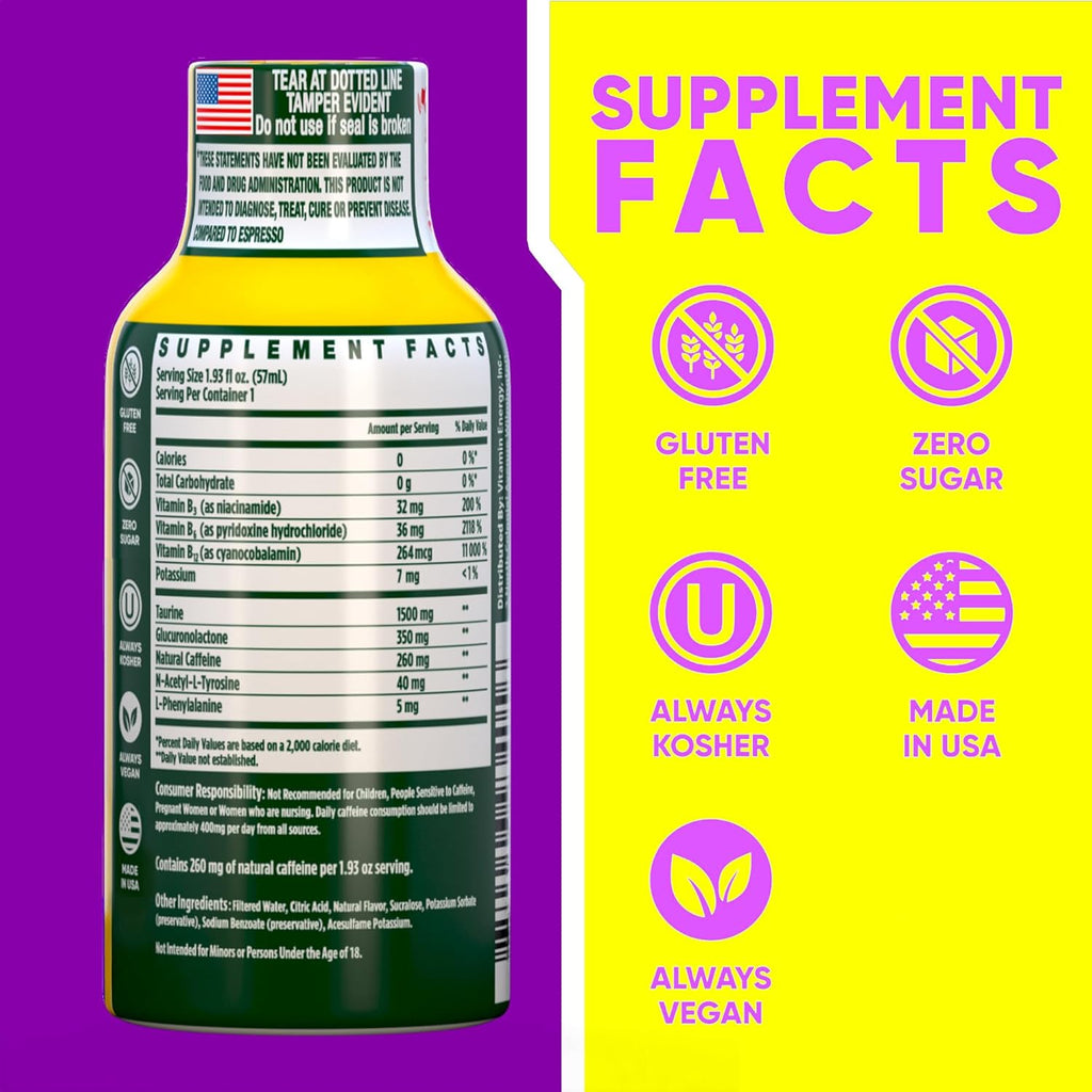 Vitamin Energy B12 11,000% Extra Strength Energy Shot Mango 12 Pack, 260mg Natural Caffeine, B12 & B6, Nootropic Focus, Vitality, Zero Sugar, Gluten-Free, Vegan, Kosher, 1.93 fl oz
