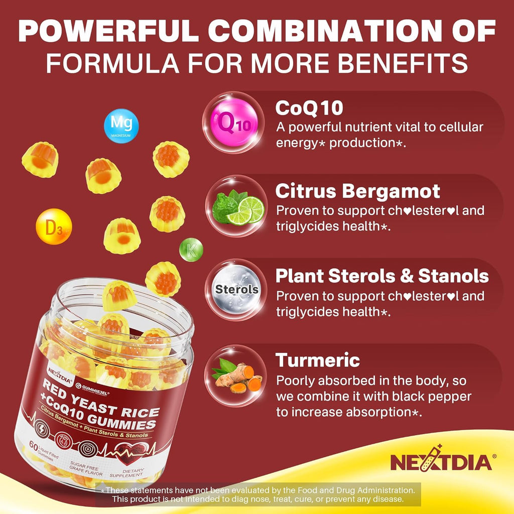 Red Yeast Rice Gummies with CoQ10, Extra Strength 2400MG Supports Vascular* Health for Men & Women, Made in USA, Boost Energy, Immunity, Vegan & Non-GMO - 120 Count