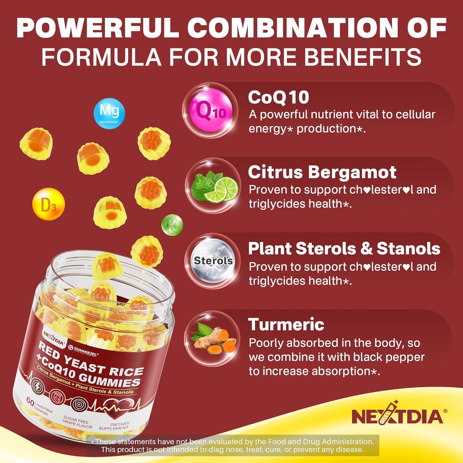 Red Yeast Rice Gummies with CoQ10, Extra Strength 2400MG Supports Vascular* Health for Men & Women, Made in USA, Boost Energy, Immunity, Vegan & Non-GMO - 120 Count