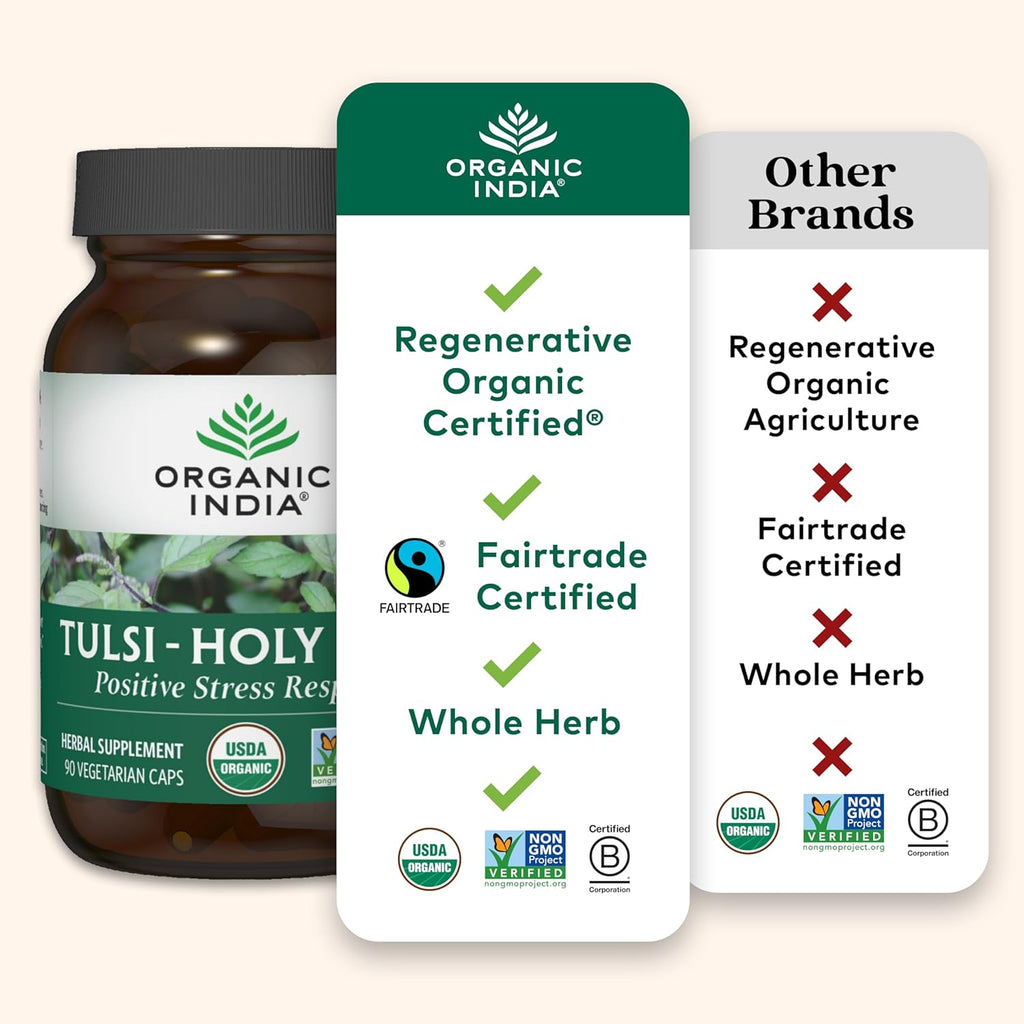 ORGANIC INDIA Tulsi Holy Basil Capsules - Holy Basil Extract - Holy Basil Leaf Supplement, Herbal Supplement, Immune Support, Stress Relief, Vegan, Gluten-Free, Kosher, Organic, Non-GMO - 90 Capsules