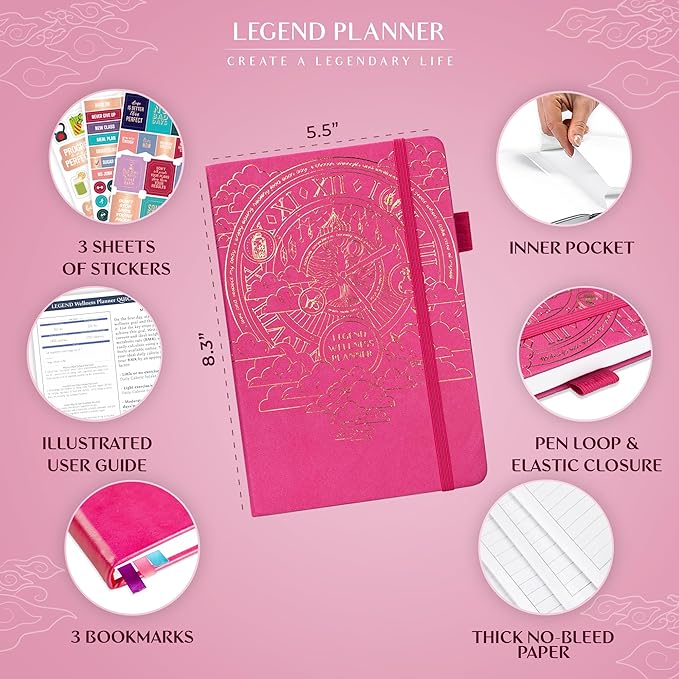 Legend Wellness Planner & Food Journal – Daily Diet & Health Journal with Weight Loss, Measurement & Exercise Trackers – Lifestyle & Nutrition Diary – Lasts 6 Months, A5 size – Hot Pink