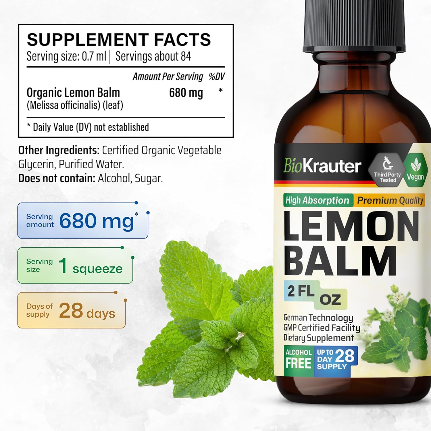BIO KRAUTER® Lemon Balm Tincture 680 mg Melissa Officinalis - Pure Vegan Lemon Balm Extract 2 Fl.Oz 28 Days of Supply - Natural Calming & Sleep Support - Alcohol & Sugar Free - Digestion & Relaxation