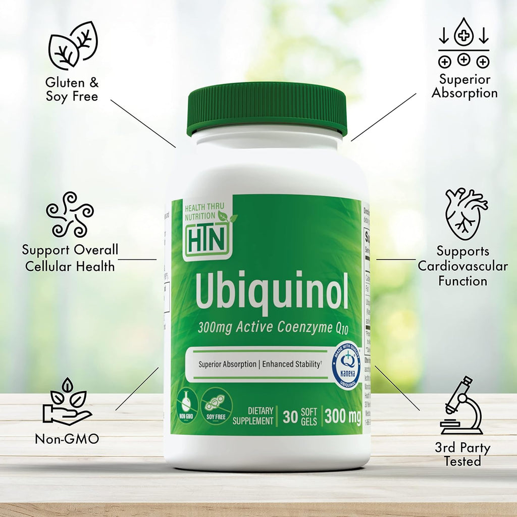 Health Thru Nutrition Ubiquinol 300mg 30 Softgels as Kaneka QH Reduced CoQ-10 | Stabilized - 3rd Party Tested | Enhanced Bioavailability | Cardiovascular & Mitochondria Function Support | Non-GMO