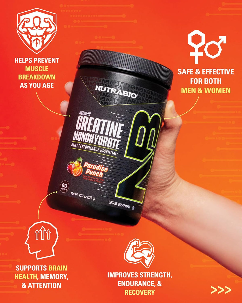 NutraBio Pure Micronized Creatine Monohydrate Powder Supplement,Paradise Punch Burst,(300g)-Supports Bulk Muscle Energy, Recovery, and Strength-HPLC Tested Creatine Powder Supplement for Men and Women