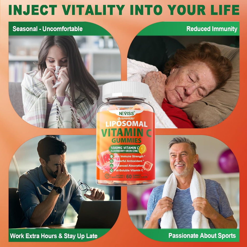 Liposomal Vitamin C 1000mg Gummies for Adults - Vitamin C Chewable 1500mg with 8mg Iron, Zinc & Elderberry - Immune Support, Immune Booster Supplement - for Energy, Collagen Booster, 1Pack Sugar Free