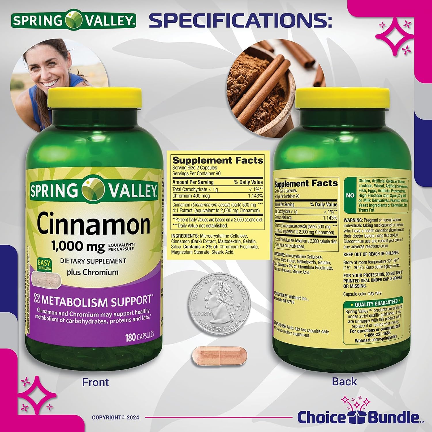 Choice Bundle Spring Valley Cinnamon Plus Chromium Capsules 1000 mg 180 Ct and Vitamin Vitality & Pill Container (3 Items)!