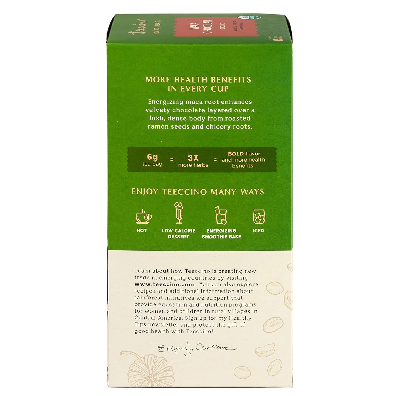 Teeccino Maca Chocolaté Herbal Tea - Rich & Roasted Herbal Tea That’s Caffeine Free & Prebiotic with Natural Energy from Adaptogenic Peruvian Maca, 25 Tea Bags