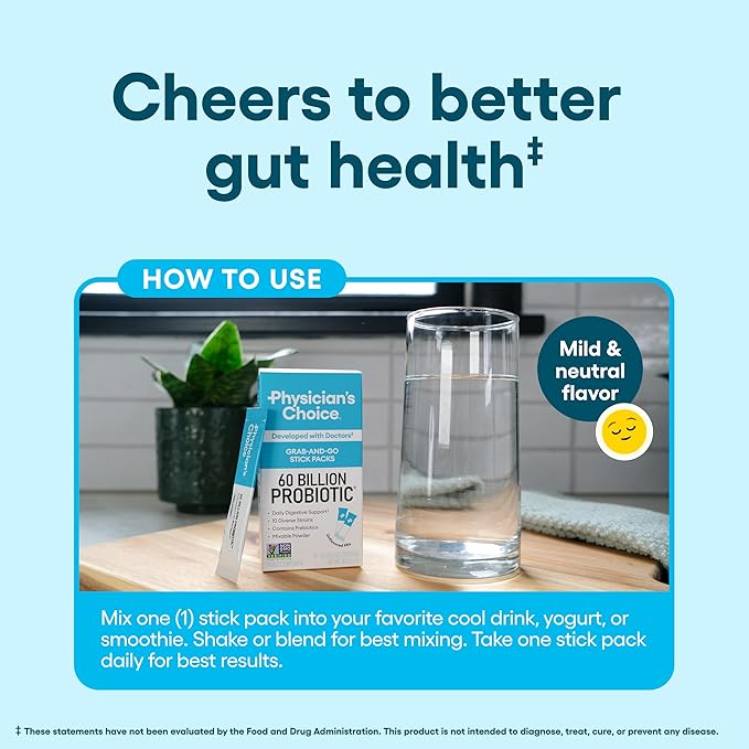 Physician’s Choice 60 Billion CFU Probiotic Stick Packs - 10 Strains + Prebiotics - Immune, Digestive & Gut Health - Supports Occasional Constipation, Diarrhea, Gas & Bloating - for Women & Men - 24CT