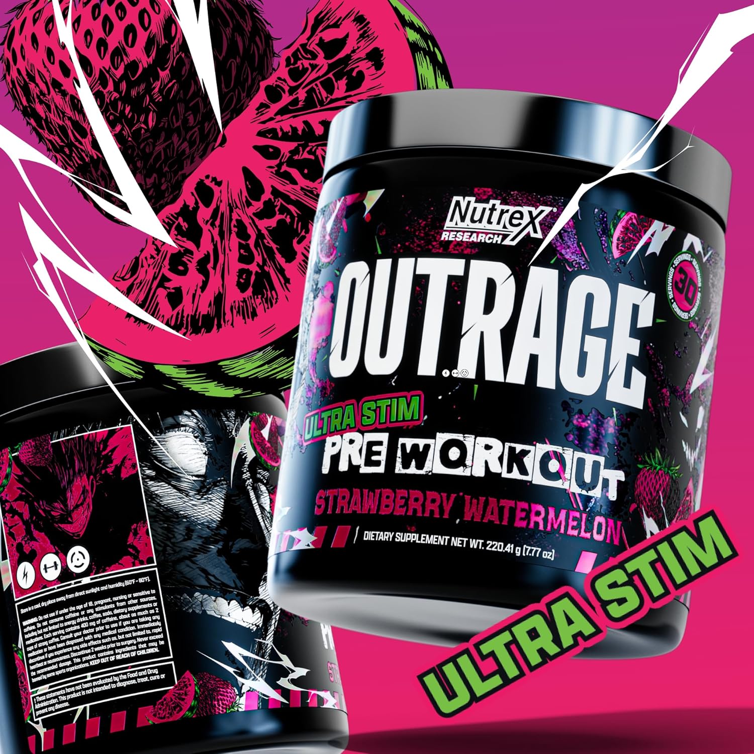 Outrage Ultra HIGH STIM Pre-Workout Powder for Men | 400mg Caffeine, L-Citrulline, Beta-Alanine, Creatine | Extreme Energy, Focus, Strength & Endurance (30 Servings, Strawberry Watermelon)