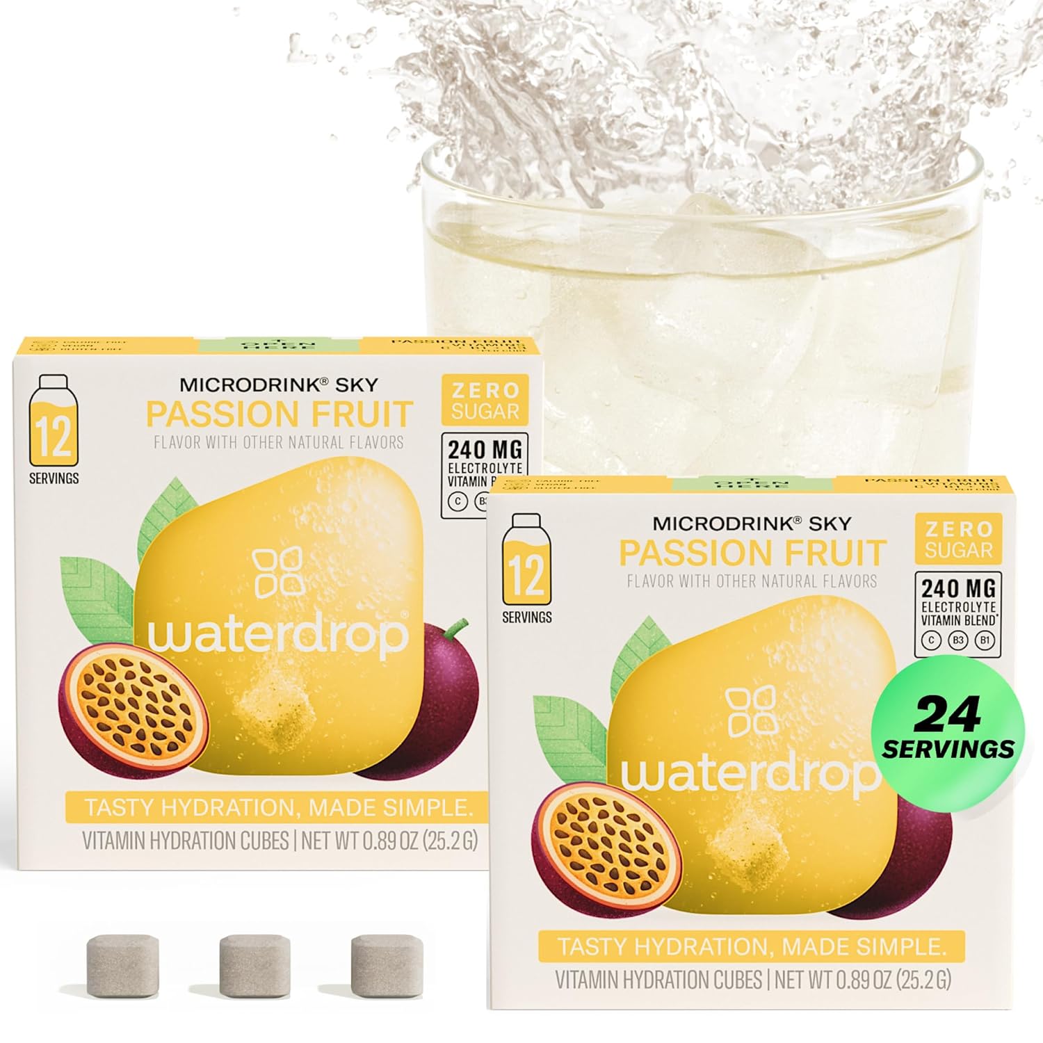 Waterdrop Hydration Cubes, Pineberry, Passion Fruit & Pear, Vitamin C, B1 & B3, On The Go Water Enhancer Drops for Still & Sparkling Water, Low Calorie, Zero Sugar, Gluten Free, Non GMO, Vegan, 24 CT