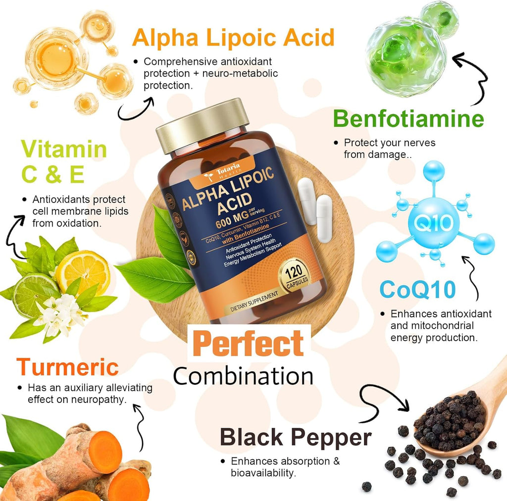 Alpha Lipoic Acid 600mg with Benfotiamine 300mg - ALA Supplement for Neuropathy Support Nerve Health & Antioxidant, Cell Energy, Metabolism and Anti-Aging, Non-GMO, Gluten Free, Vegan 120 Counts