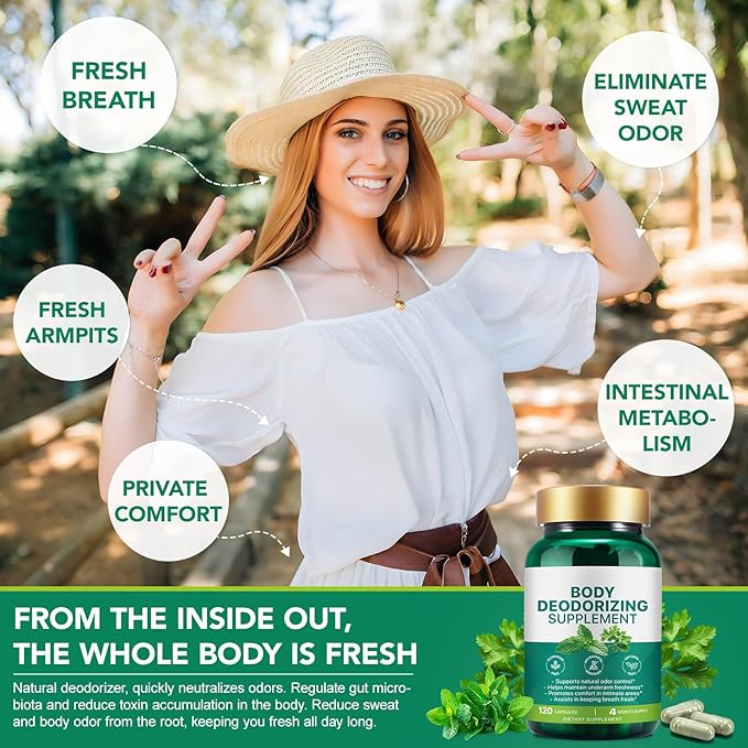 Body Deodorizing Supplement | Natural Internal Odor Control | Chlorophyll Capsules | with Chlorophyllin, Parsley and Peppermint | for Skin, Breath and Body Health | 4 Month Supply - 120 Caps
