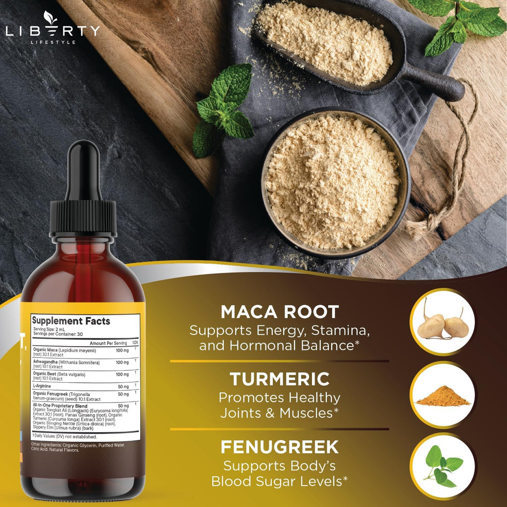Organic Maca Root Liquid Drops with Ashwagandha, Nettle, Fenugreek, Beet Root and L-Arginine Liquid Multivitamin for Women and Men - 8oz