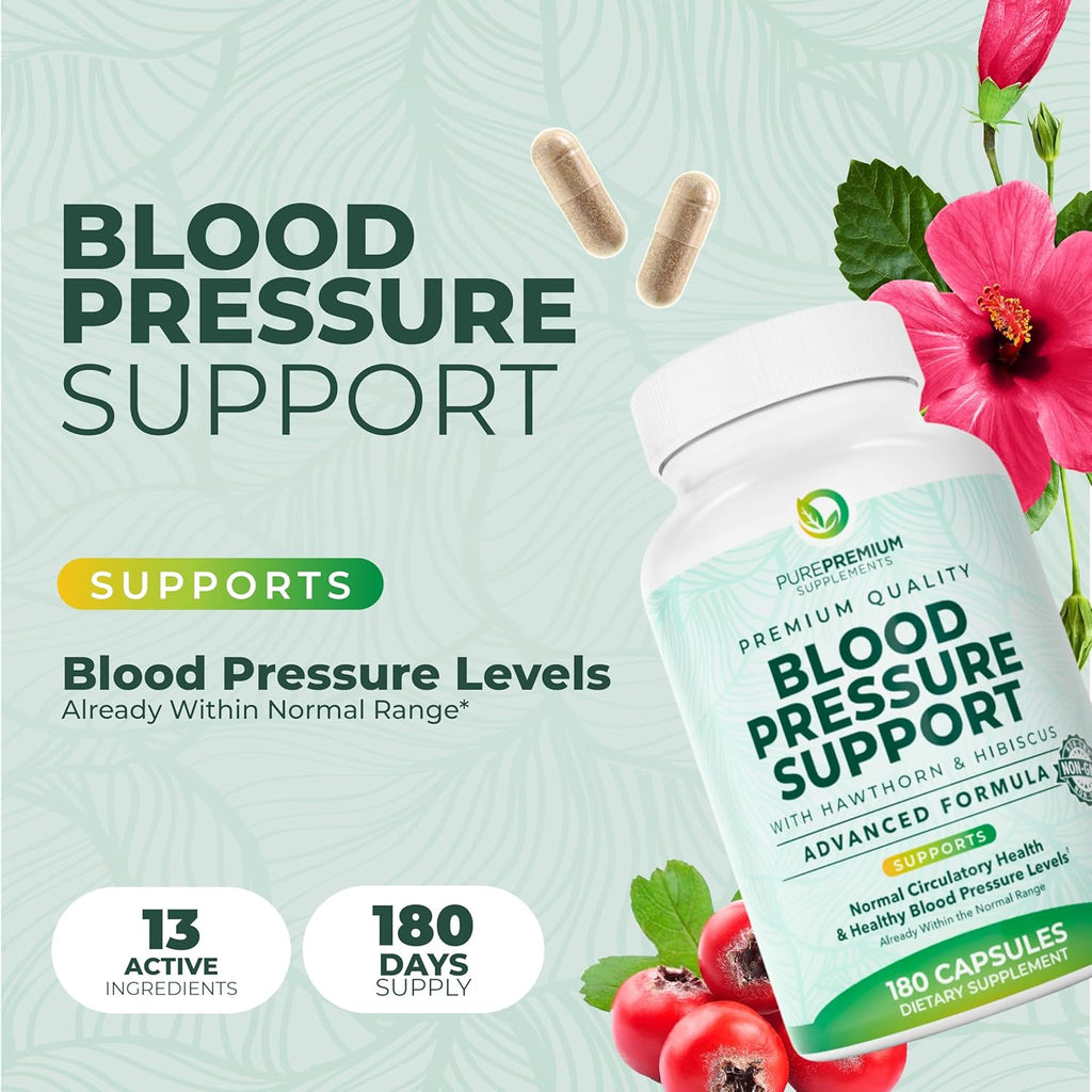 PurePremium Blood Pressure Supplements with Hawthorn Berry, Hibiscus, Garlic & Vitamin B12- Nitric Oxide Supplement for Normal Heart Health, Circulation Health & Blood Pressure Support - 180ct