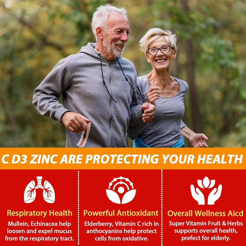 Sugar Free Vitamin C + D3 + Zinc Gummies for Adults 50 +, 9 in 1 Immune Defense Supplement with D3 5000IU, Elderberry, Echinacea, Mullein Leaf for Boost Immunity, Power Antioxidant, Vegan (Pack of 1)