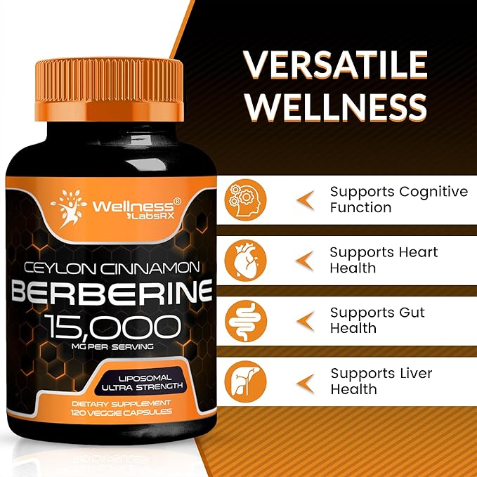 WELLNESS LABSRX Berberine 15,000mg - Third-Party Tested Berberine Supplement HCL with Ceylon Cinnamon, Black Pepper Extract and Apple Cider Vinegar, Heart Support Capsules - 240 Capsules - Pack of 2