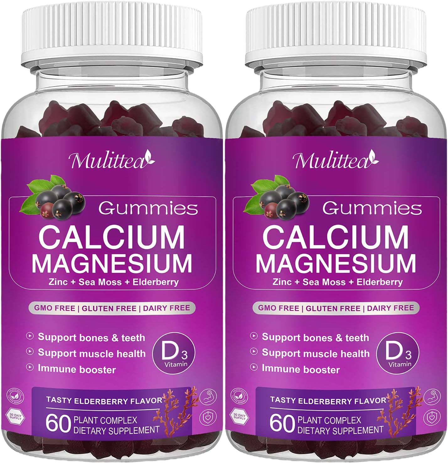 Calcium Magnesium Zinc Gummies with High Absorption Magnesium Glycinate 200mg, Potassium -Plant Calcium Supplement w/ D3 & Sea Moss for Bone, Muscles, Calm Mood & Sleep Support- Kids & adults (2 Pack)