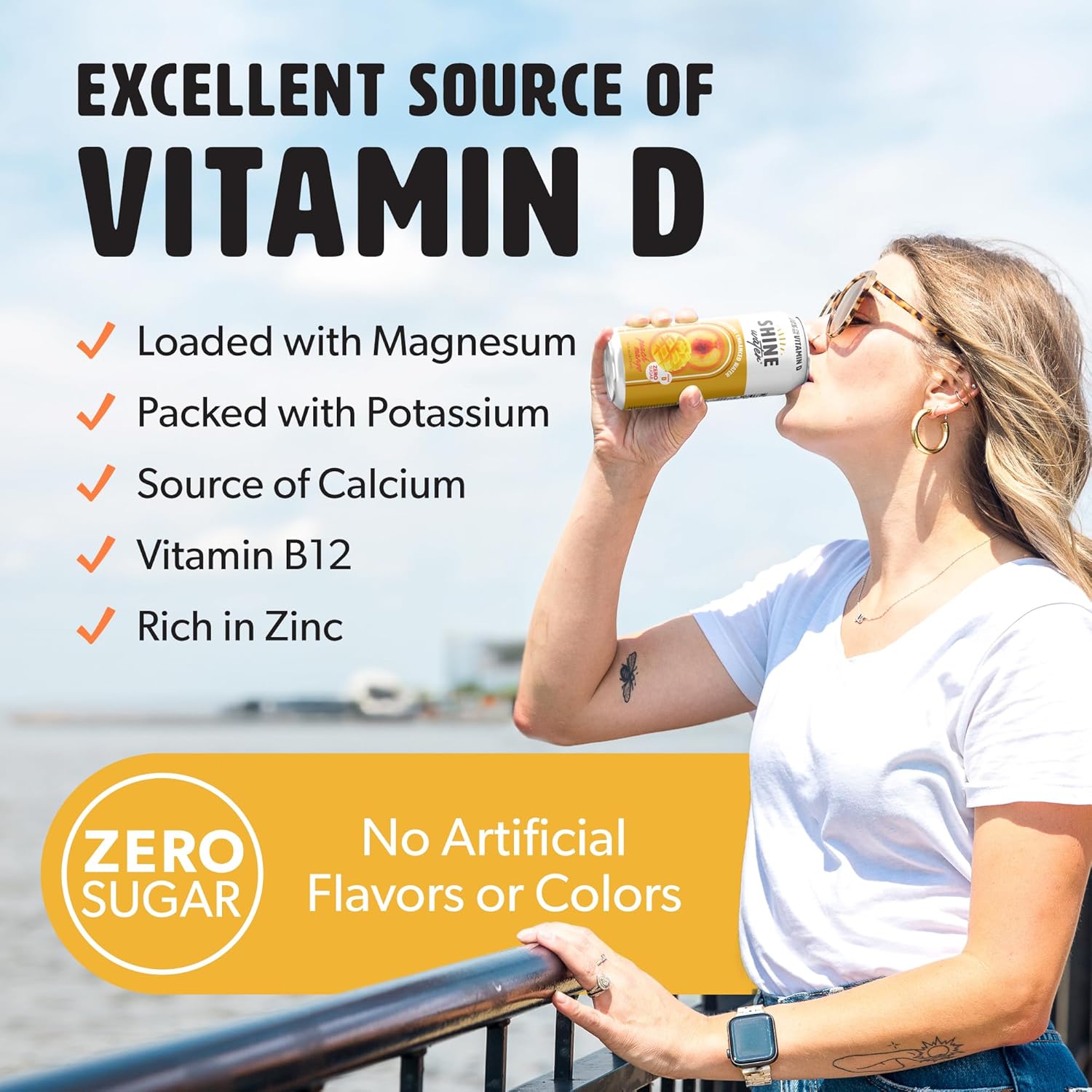 ShineWater Vitamin D Hydration Electrolyte Drink - Flavored water with electrolytes, Sugar-Free, Magnesium, Zinc, Vitamin B12, Plant-Based, Low Calorie - Peach Mango Fruit Water 12 Pack