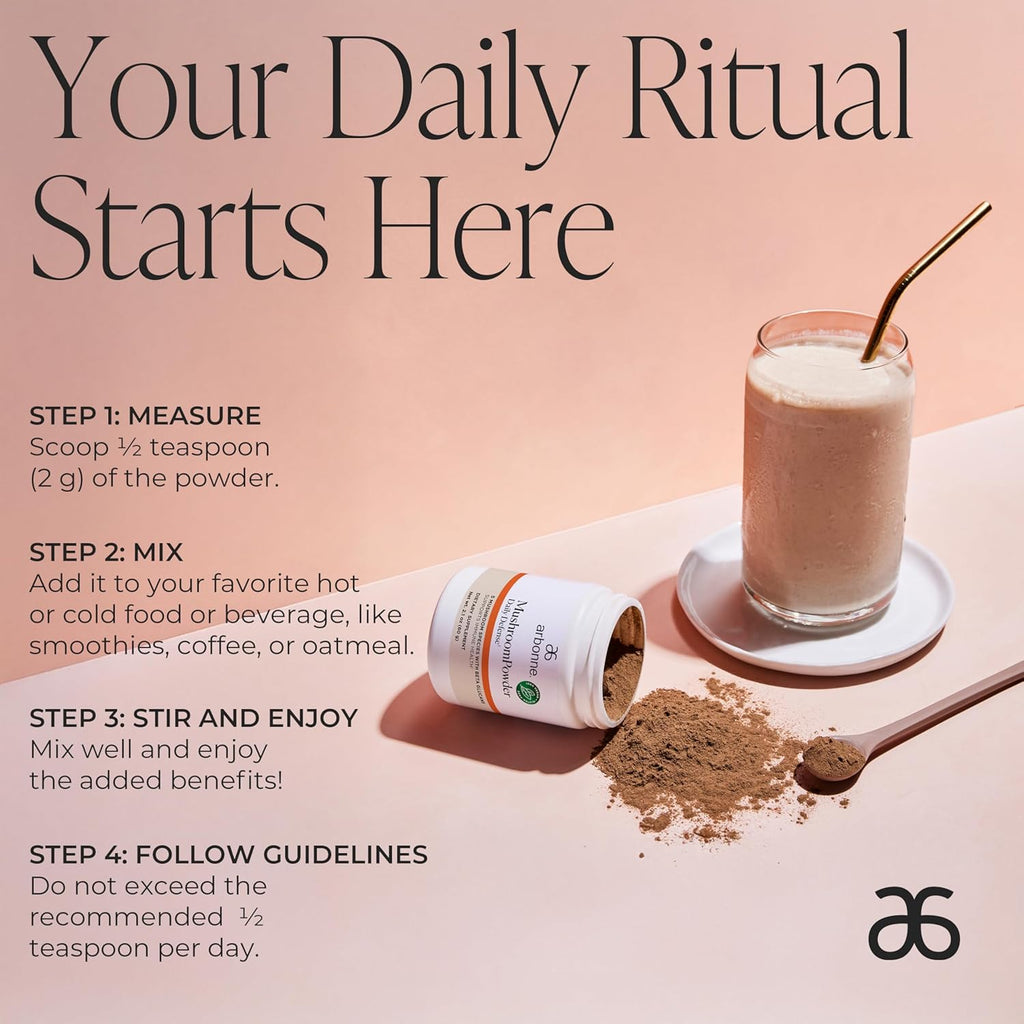 Arbonne Mushroom Powder Daily Defense - Daily Mushroom Supplement Powder Superblend That Supports Immune and Cognitive Health, 100% Organic Mushrooms, 2.1 oz