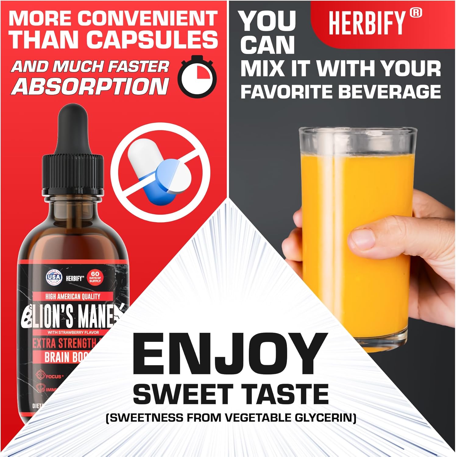 HERBIFY Lions Mane Supplement - Daily Mushroom Supplement for Memory, Focus & Clarity - Brain Booster - Lions Mane Tincture for Immune Support - 4 Fl oz Strawberry Flavor