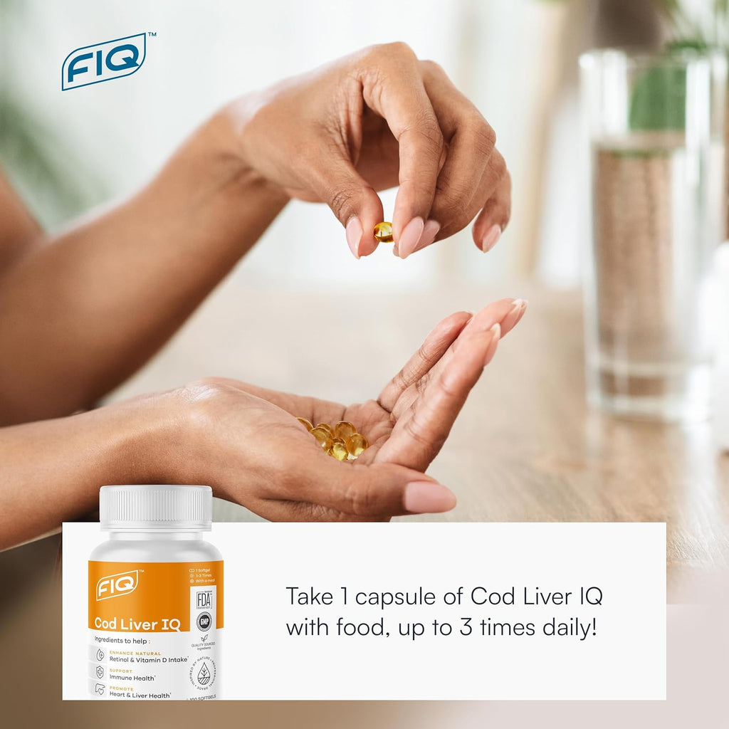 FIQ - Cod Liver IQ - Cod Liver Oil Softgels - Natural Source of Vitamins A & D and Omega-3 Fatty Acids - Heart, Liver & Immune Health - 100 Softgels